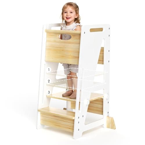OPAUL Toddler Standing Stool - 3-Level Adjustable Kitchen Step Stool for Kids, Sturdy Wooden Kitchen Stool with Non-Skid Feet (Ages 18 Months-6 Years), White