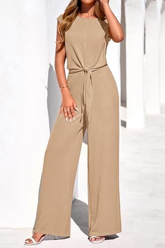 PRETTYGARDEN Women 2 Piece Lounge Sets 2026 Casual Summer Outfits Cap Sleeve Strappy Crop Tops Wide Leg Pant Tracksuit(Khaki,Large) - Thumbnail 2