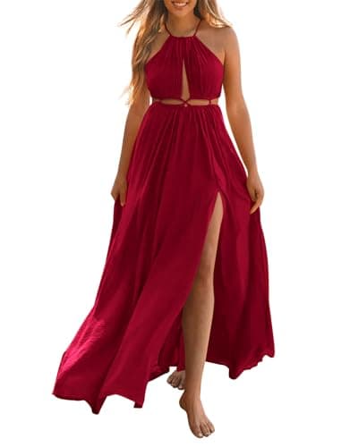 BTFBM Women Halter Summer Dresses 2026 Sleeveless Cutout Backless Sundress Slit Boho Maxi Beach Wedding Guest Dress(Red, Medium) - Image 1