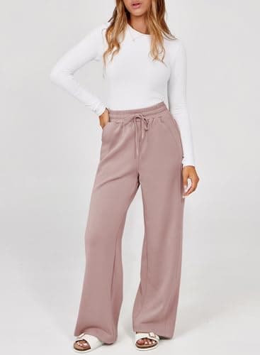 Dokotoo Womens Pants Fall Business Casual Palazzo Pants for Women Elastic Waisted Loose Straight Leg Ladies Trendy Pants Dusty Pink - Thumbnail 4