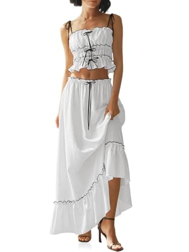 Wenrine Women's Summer 2 Piece Skirt Sets Casual Spaghetti Straps Cropped Cami Ruffle Maxi Skirt Flowy Beach Outfit White - Image 1