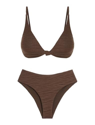 ZAFUL Brown Two Piece Swimsuits for Women Sexy V Neck Push Up Knot Front Bikini Set Brazilian Cheeky High Waisted Thong Bathing Suit L - Image 1