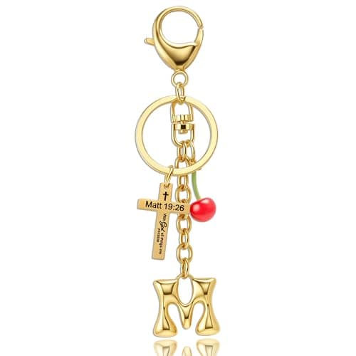 Jekvill Bubble Initial Keychain with Cross & Cherry - Gold Letter M Bag Charms for Women, Cute Purse Handbag Accessories - Image 1