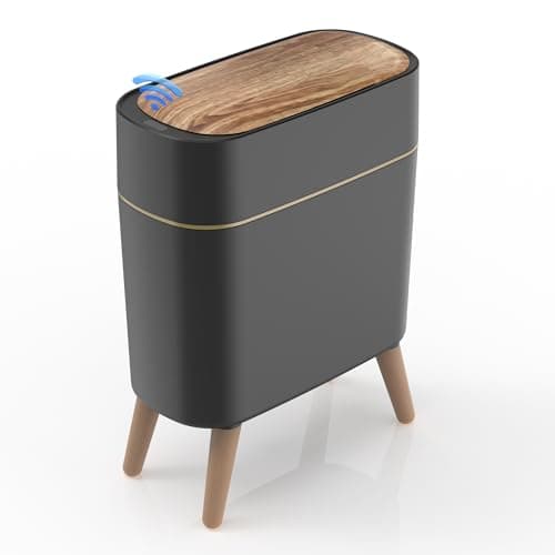 suyika Automatic Trash Can, 2.6 Gallon/10L Bathroom Trash Can with Lid - Wood Grain Lid and Legs, Touchless Waterproof Garbage Bin for Bedroom, Bathroom, Office, Living Room - Image 1