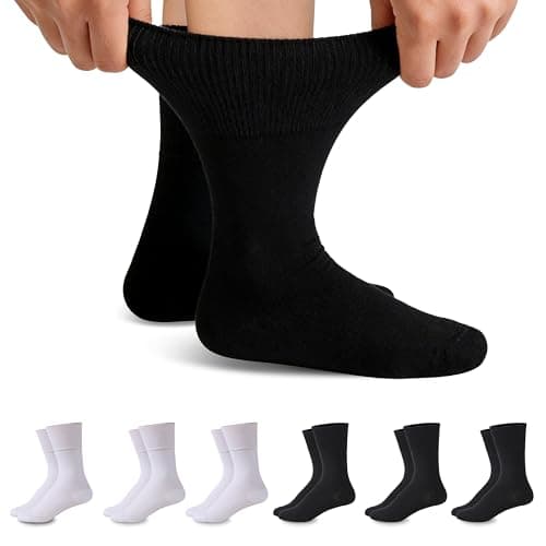 Forcool 6 Pairs Non-Binding Cotton Diabetic Socks for Men Women Loose Top Seamless Toe Wide Ankle Low Cut Socks for Diabetics, Black White, X-Large - Image 1