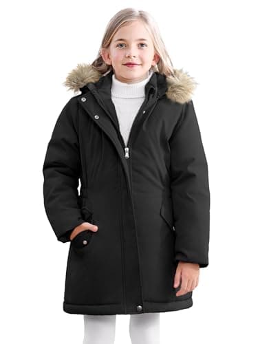 XMWEALTHY Girls Winter Coat Kids Warm Long Puffer Jacket Hooded Down Parka Padded Fleece Snow Outerwear Black 11-12Y - Image 1