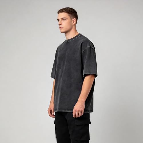 BLECIDENS Oversize Cotton T Shirts for Women Unisex Mens Acid Washed T Shirt 100% Cotton (US, Alpha, X-Large, Regular, Regular, Black) - Thumbnail 3