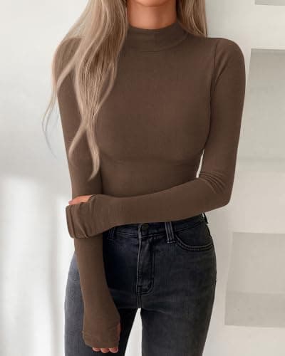BTFBM Turtleneck Tops for Women Thumbhole Long Sleeve Shirts Brown - Thumbnail 5