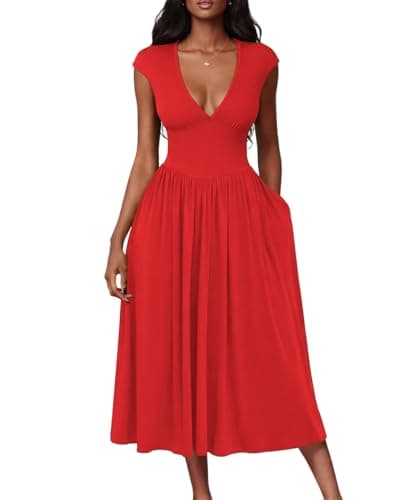 ABKY Womens Midi Dresses Deep V Neck Cap Sleeve Back- Tie A-Line Swing Dress with Pocket Party Foraml Date Night Prom Outfits Red L - Image 1