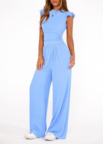 KIRUNDO Two Piece Sets For Women Dressy 2026 Summer Cap Sleeve Cute Tops Wide Leg Pants Spring Matching Set Vacation Outfits(Light Blue, Medium) - Thumbnail 4