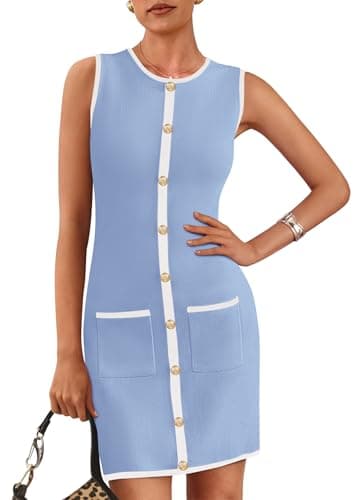 KIRUNDO Women's Work Business Casual Dress 2026 Summer Cocktail Semi Formal Office Elegant Classy Knit Color Block Dresses(Light Blue, Large) - Image 1