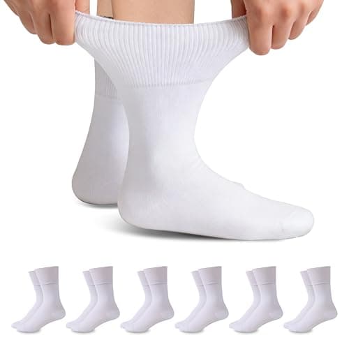 Forcool 6 Pairs Diabetic Crew Socks Men's Women's Dress Cotton Cushioned Seamless Toe Non Binding Extra Wide Diabetes Socks Loose Top for Better Circulation, White X Large - Image 1
