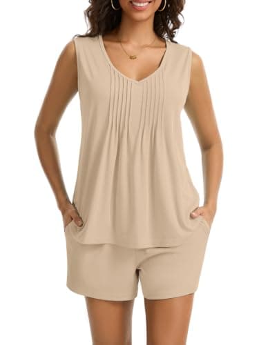 RAMOUG Women's 2 Piece Outfits Summer V Neck Tank Top Matching Lounge Shorts Set Casual Sports Short Sets with Pockets Khaki XXL - Image 1