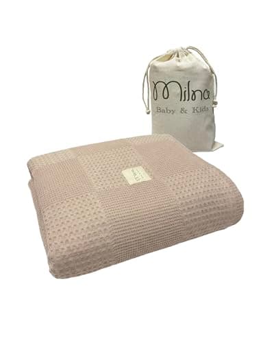 Milna Baby 100% Cotton Waffle Blanket for Boys & Girls, 100x120 cm Breathable Muslin Baby Blanket for Crib, Stroller & Swaddle, Soft Lightweight Toddler Receiving Blanket, (Beige) - Image 1