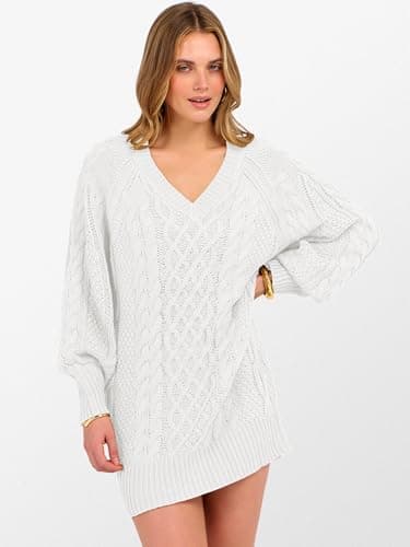 ANRABESS Womens Long Sleeve V Neck Oversized Cable Knit Mini Sweater Dresses 2026 Winter Fall Trendy Pullover Tunic Outfits White Large - Thumbnail 5