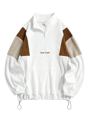 ZAFUL Men's Fluffy Polar Fleece Sweatshirt NEW YORK Embroidery Colorblock Half Zip Unisex Hoodie - Image 1