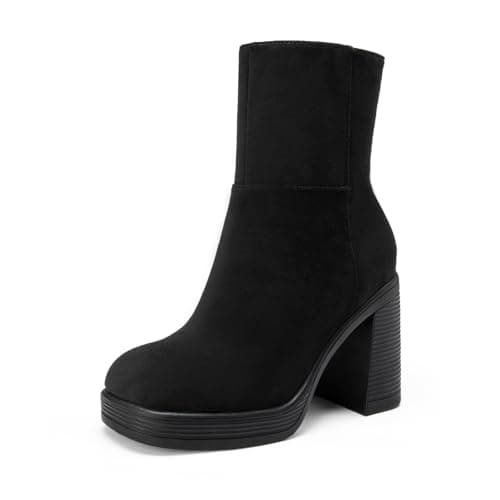 Athlefit Women's High Chunky Heel Platform Ankle Boots Black Suede Size 7