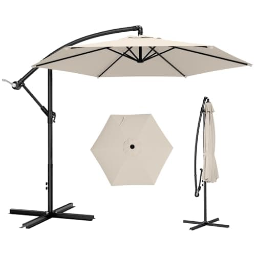 AreShark 10FT Patio Outdoor Umbrella, Offset Patio Umbrella Cantilever Umbrella, 6 Sturdy Ribs, Easy Adjustment for Garden Market Pool with Cross Base (Cream White)