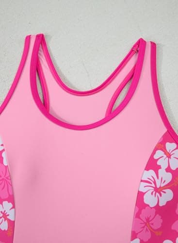 blibean Girls Rash Guard Swimsuit One Piece Flower Bathing Suits Tween Girl Floral Colorblock Swimwear Sets Kids Swim Cover Up Top Traje Baño Niñas Size 12-13 Year Old Hot Pink - Thumbnail 5