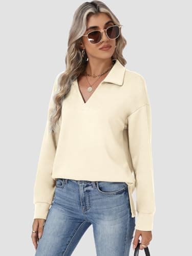 Lallabai Womens Sweatshirts Airlayer Tunic Tops Long Sleeve Hoodies V Neck Loose Pullover Sweaters 2026 Fall Fashion Outfits Apricot - Thumbnail 3