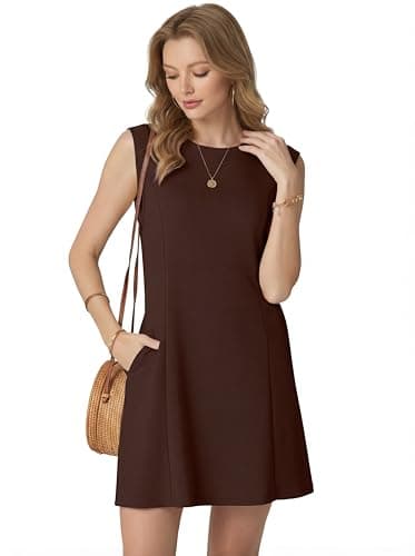 HiMONE Women Sleeveless Mini Dresses Crew Neck A Line Pullover Casual Dress for Office Work Party(Dark Coffee-2XL) - Thumbnail 6