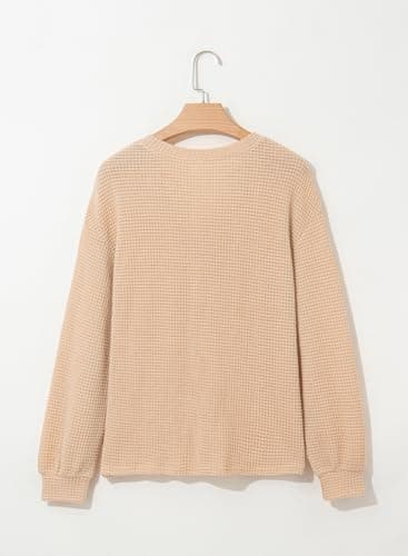 Dokotoo Women's Waffle Knit Tops Long Sleeve Button Down Shirts Boyfriend Sexy V Neck Loose Fit Tee Top Lightweight Solid Basic Beige Blouses for Business Outfits Medium - Thumbnail 6