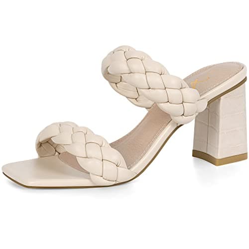 Athlefit Women's Braided Heeled Sandals Summer Square Open Toe Heels Slip On Block Heels Beige Size 8 - Image 1