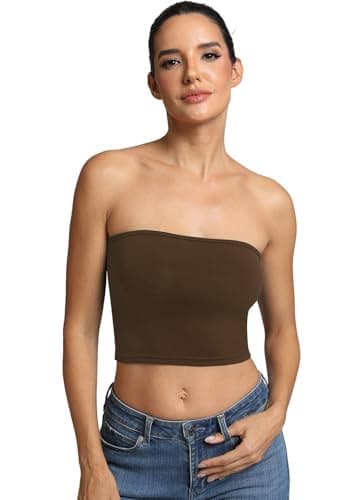 Fihapyli ICTIVE Womens Tube Tops Strapless Crop Basic Backless Sleeveless Bandeau Seamless Going Out Light Support Cami Shirts Coffee XL
