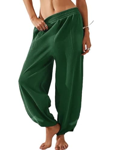 EGUGYDW Womens Baggy Wide Leg Pants Elastic High Waisted Palazzo Harem Trousers With Pockets Dark Green S - Image 1