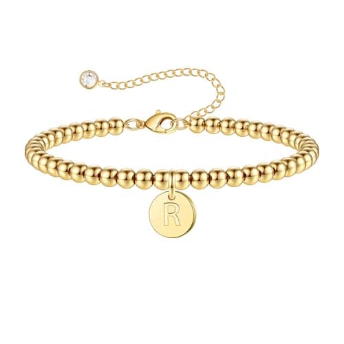 Turandoss Beaded Bracelet – Gold R Letter Disc Jewelry, Dainty Monogram Charm Design