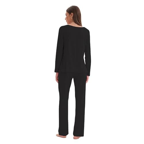 Navisting Women's Soft Knit Pajamas Set V-Neck Top and Pants Long Sleeve Two Piece Loungewear Elegant Wavy Hem Sleepwear with Color Options Black S - Thumbnail 3