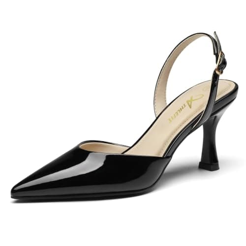 Athlefit Women's Kitten Heels Closed Toe Pumps Shoes Black Patent Size 5.5
