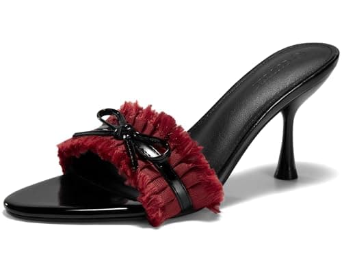 Coutgo Womens High Heels Mules Open Toe Bow Tie Sandals Ruffle Stiletto Slip on Prom Dress Shoes, Burgundy, Size 10 - Image 1