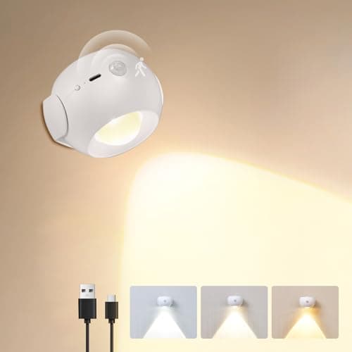 DEXULESA Motion Sensor Wall Light，350° Rotatable Brightness Adjustable Wireless Wall Light, 3 Color Modes Rechargeable Battery Operated Wall Lights for Bedroom, Hallway, Stairs, Closet, Bathroom - Image 1
