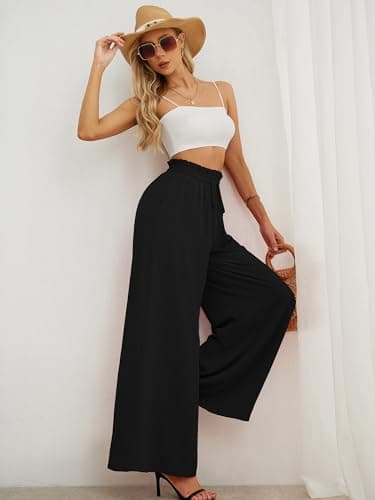 AusLook Women's Wide Leg Dress Pants with Pockets Black XX-Large Lightweight Elastic High Waisted Adjustable Tie Knot Flowy Loose Slacks Lounge Casual Ladies Beach Pleated Trousers - Thumbnail 3