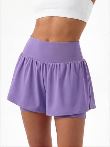Stelle Women 2 in 1 Running Shorts Flowy Athletic Short High Waisted Workout Tennis Gym Short with Liner Pockets (Lavender, M) - Thumbnail 2