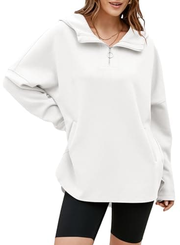 EVALESS Womens Zip Up Hoodies 2025 Trendy Fashin Casual Basic Oversized Sweatshirt Loose V Neck Long Sleeve Athletic Workout Pullover Fall Clothes,White Small - Image 1