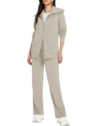 Casly Lamiit Womens 2 Piece Sweatshirt Lounge Sets Casual Long Sleeve Double Zipper Sweatsuit Athletic Jogging Outfits Travel Tracksuit Dark Beige XS