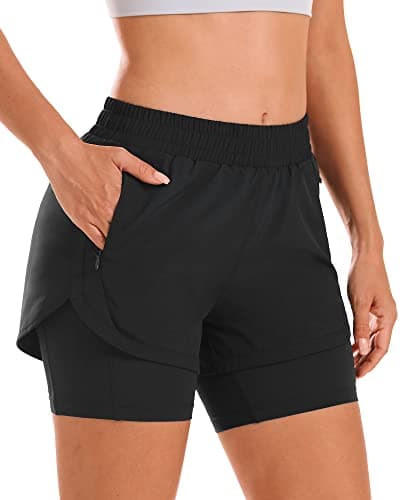 Stelle Women 2 in 1 Running Shorts High Waisted Athletic Shorts Gym Workout Shorts with Liner Zipper Pockets (Black, M) - Image 1