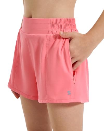 Stelle Girl's Athletic Shorts with Liner Zipper Pockets Elastic Waist Running Shorts Sports Active Shorts for Teen Kids(Coral,S) - Image 1