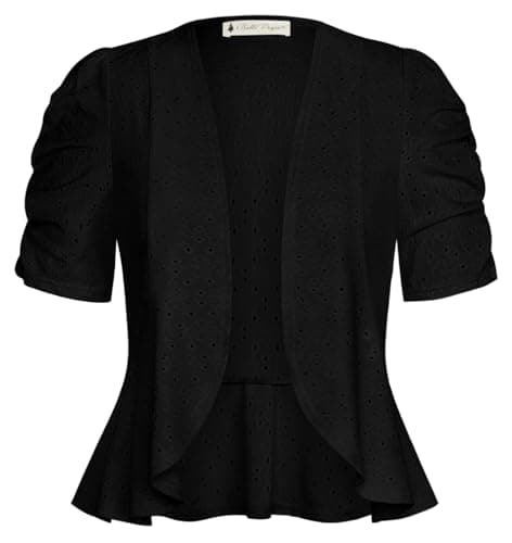 Belle Poque Women's Short Sleeve Bolero Shrug Lightweight Cropped Open Front Cardigan for Dresses Black Medium