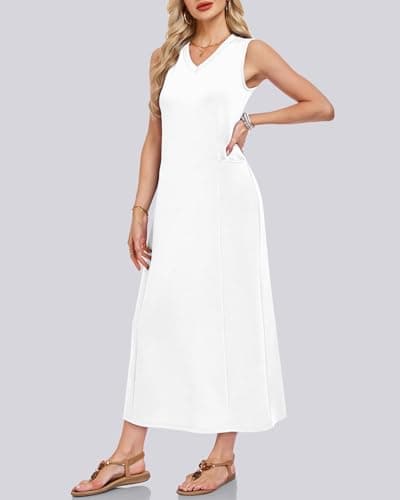 MISFAY Women's V Neck Summer Sleeveless Maxi Dress Beach Cruise Long Dresses Bridal Shower Dress with Pockets(White,L) - Thumbnail 4