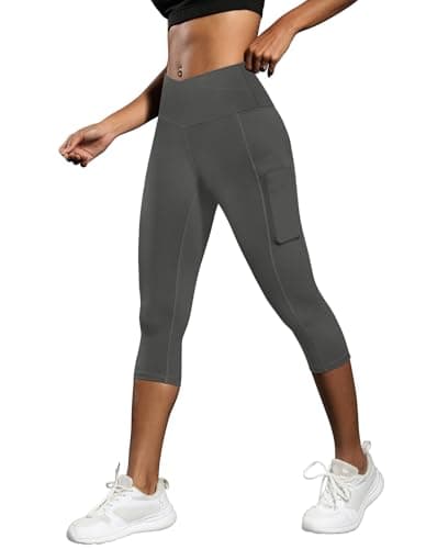 ICTIVE Women's Capris Yoga Pants with Pockets Crossover V Cross High Waisted Fitness Running Leggings Grey XL - Image 1