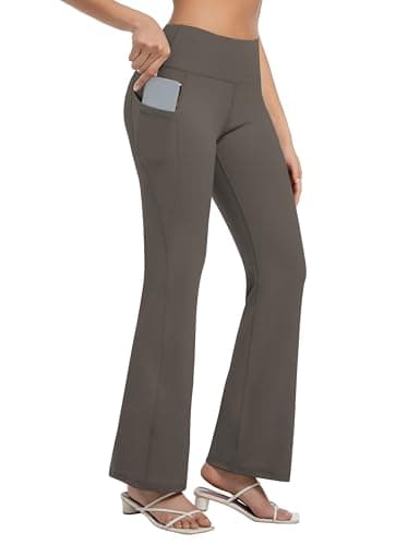 BUBBLELIME 35"/31"/33"/35"/37" Women's Bootcut Yoga Pants Tummy Control Flared with Side Pockets- Bootleg Side Pockets_OLIVEGRAY M_35" Inseam - Thumbnail 2