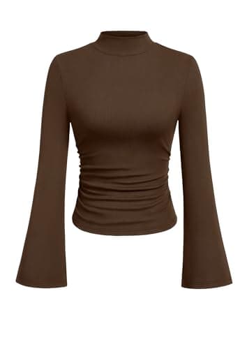 PRETTYGARDEN Womens Long Sleeve Shirts 2026 Fall Bell Sleeve Mock Turtleneck Ribbed Going Out Tops Casual Ruched Y2K Clothes (Brown,XX-Large) - Image 1