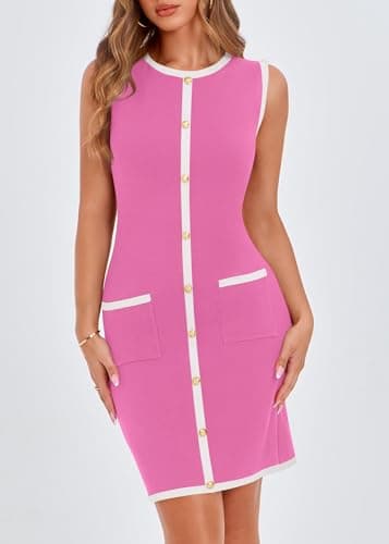KIRUNDO Women's Work Business Casual Dress 2026 Summer Cocktail Semi Formal Office Elegant Classy Knit Color Block Dresses(Hot Pink, Large) - Thumbnail 5