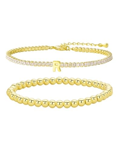 14K Gold Plated Bracelets for Women Dainty Tennis Initial Bracelet Trendy Beaded Stackable Charm Bracelets Layered Waterproof Bracelet Dainty Bracelet for Women Jewelry Gifts （R - Image 1