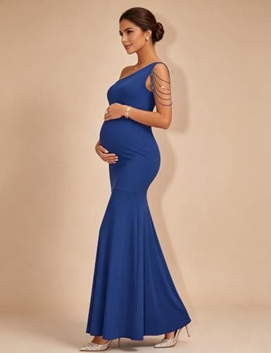 Yissang One Shoulder Rhinestone Mermaid Maternity Maxi Dress Baby Shower - Thumbnail 3