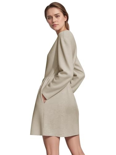 COCOMARTS Womens Long Sleeve Crewneck Sweatshirt Dress Drawstring Waistband Casual Tunic Tops Mini Dresses 2025 Fall Clothes Khaki X-Large - Thumbnail 4