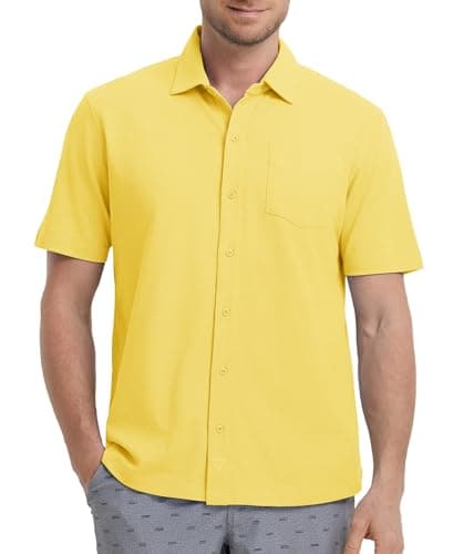 M MAELREG Mens Short Sleeve Button Down Shirt Pique Performence Business Cotton Blend Casual Fitted Shirt for Men Yellow - Image 1